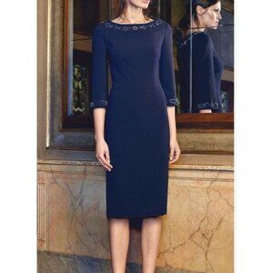 Lucian Matis Sz 4 Dress Beaded Waves Blue Mid Sleeve Cocktail Classic Minimalist